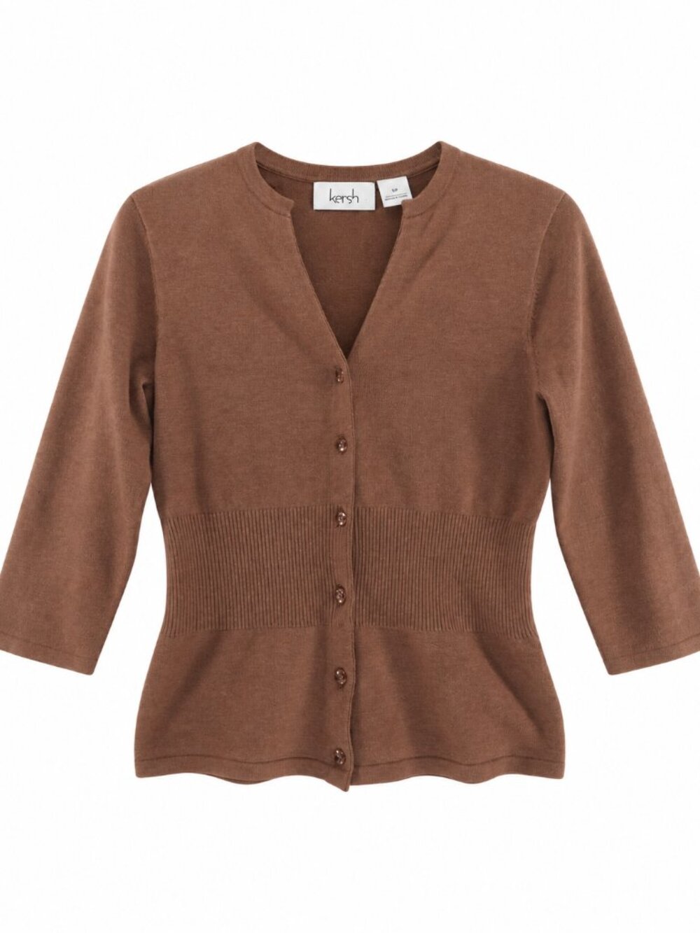 Kersh Cardigan, Ribbed Waist, Brown Cotton Stretch, 3/4 Sleeve Size Small